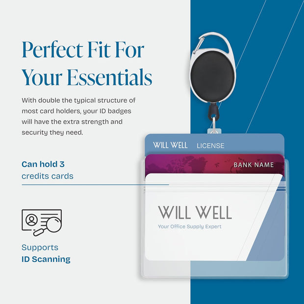 Will Well ID Badge Holders with Clip and Keyring - Horizontal Clear Plastic 2.52" x 3.58" Sleeves Fit Up to 3 Cards - Retractable 24" UHMWPE Fiber Pull Cords for Easy Access - 2-Pack, Black Reels