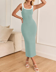 ZESICA Women's 2025 Summer Bodycon Midi Dress Casual Sleeveless Square Neck Side Slit Knit Vacation Long Dresses
