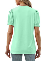Geifa Womens Summer Tops Puff Short Sleeve V Neck T Shirts Loose Casual Tshirts