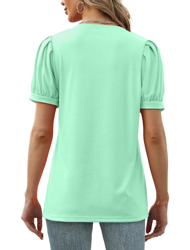 Geifa Womens Summer Tops Puff Short Sleeve V Neck T Shirts Loose Casual Tshirts