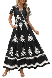 PRETTYGARDEN Womens 2025 Summer Casual V Neck Boho Maxi Dress Flowy Aline Bell Sleeve Tiered Floral Dresses with Pocket (Floral Apricot Black,X-Large)