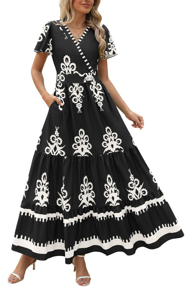 PRETTYGARDEN Womens 2025 Summer Casual V Neck Boho Maxi Dress Flowy Aline Bell Sleeve Tiered Floral Dresses with Pocket (Floral Apricot Black,X-Large)