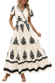 PRETTYGARDEN Womens 2025 Summer Casual V Neck Boho Maxi Dress Flowy Aline Bell Sleeve Tiered Floral Dresses with Pocket (Floral Apricot Black,X-Large)