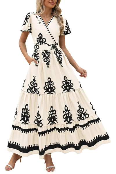 PRETTYGARDEN Womens 2025 Summer Casual V Neck Boho Maxi Dress Flowy Aline Bell Sleeve Tiered Floral Dresses with Pocket (Floral Apricot Black,X-Large)