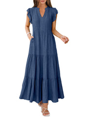 ANRABESS Womens Summer Casual Maxi Dress V Neck Ruffle Sleeve Long Dresses Fashion Flowy Tiered Boho Beach Vacation Sundress Black Large