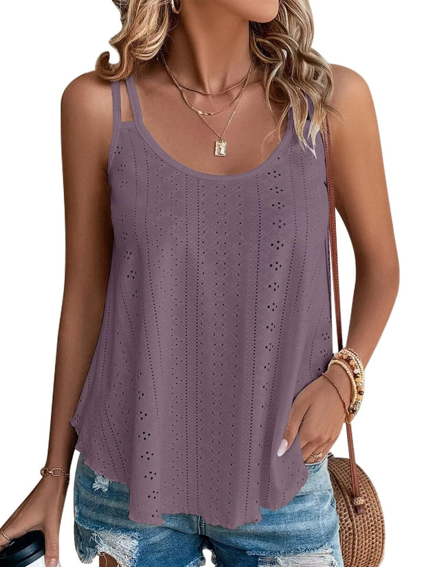 KKJ Womens Cute Tank Tops Eyelet Sleeveless Spaghetti Strap Scoop Neck Loose Casual 2025 Summer Beach Vacation Flowy Shirts