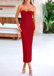 PRETTYGARDEN Women's Bodycon Long Dresses Summer Strapless Tube Twist Knot Front Ribbed Knit Maxi Cocktail Dress with Slit
