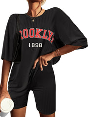 Ekouaer Pajamas 2 Piece Lounge Sets Ribbed Knit Matching Outfits T-shirt Biker Shorts Sleepwear Loungewear Sweatsuits