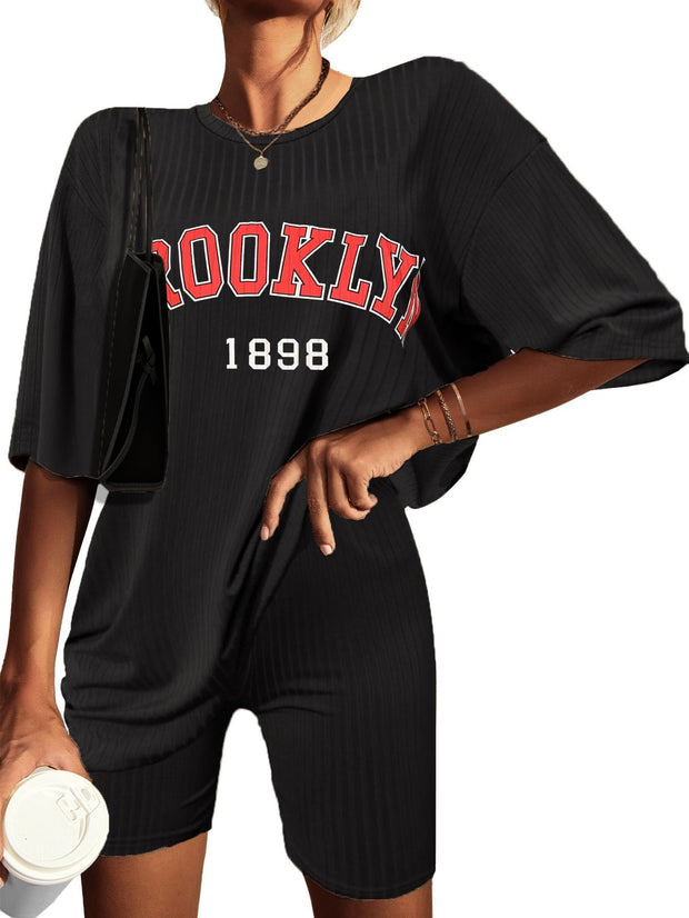Ekouaer Pajamas 2 Piece Lounge Sets Ribbed Knit Matching Outfits T-shirt Biker Shorts Sleepwear Loungewear Sweatsuits