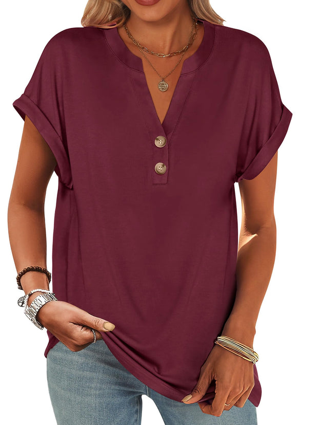 ANRABESS Womens Short Sleeve Henley Tops V Neck Dressy Casual Loose Fit Shirts Summer Flowy Blouses 2025 Trendy Clothes