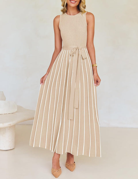 ZESICA Women's Summer Sleeveless Midi Dress 2025 Crewneck Ribbed Knit Tie Waist Casual A Line Swing Dresses