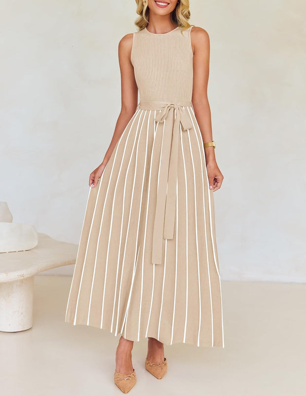 ZESICA Women's Summer Sleeveless Midi Dress 2025 Crewneck Ribbed Knit Tie Waist Casual A Line Swing Dresses