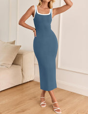 ZESICA Women's 2025 Summer Bodycon Midi Dress Casual Sleeveless Square Neck Side Slit Knit Vacation Long Dresses