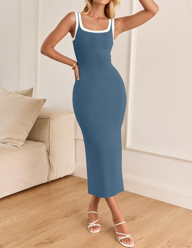 ZESICA Women's 2025 Summer Bodycon Midi Dress Casual Sleeveless Square Neck Side Slit Knit Vacation Long Dresses