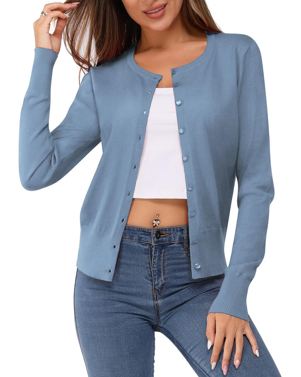 Newshows Women's Lightweight Button Down Cardigan Long Sleeve Casual Crew Neck Soft Knit Cardigans Sweater Tops