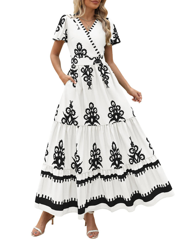 PRETTYGARDEN Womens 2025 Summer Casual V Neck Boho Maxi Dress Flowy Aline Bell Sleeve Tiered Floral Dresses with Pocket (Floral Apricot Black,X-Large)