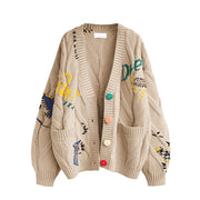 Women's Cable Knit Long Sleeve Open Front Cardigan Sheep V-Neck Button Down Embroidery Wool Blend Sweater Coat Outwear