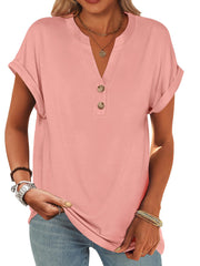 ANRABESS Womens Short Sleeve Henley Tops V Neck Dressy Casual Loose Fit Shirts Summer Flowy Blouses 2025 Trendy Clothes