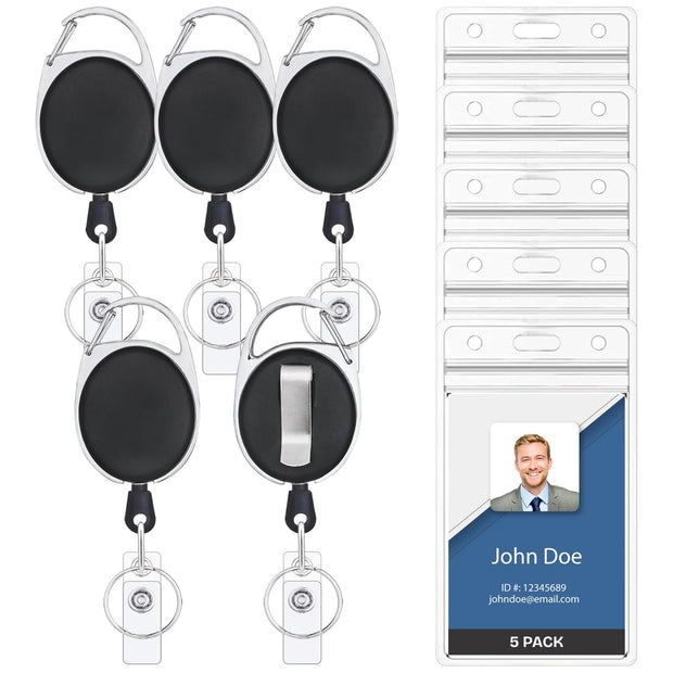 Will Well ID Badge Holders with Clip and Keyring - Horizontal Clear Plastic 2.52" x 3.58" Sleeves Fit Up to 3 Cards - Retractable 24" UHMWPE Fiber Pull Cords for Easy Access - 2-Pack, Black Reels