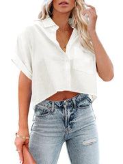 Tankaneo Womens Button Down Cropped Shirts Long Sleeve Casual Crop Tops Solid Lapel Blouse Shirt with Chest Pocket