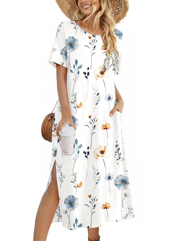 Zeagoo Women Long Sun Dress Summer T Shirt Dresses Beach Dress Casual Short Sleeve Tropical O Neck A Line Maxi Dresses Loose Side Slit Cover Up with Pockets 2025 Black XXL