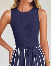 ZESICA Women's Summer Sleeveless Midi Dress 2025 Crewneck Ribbed Knit Tie Waist Casual A Line Swing Dresses