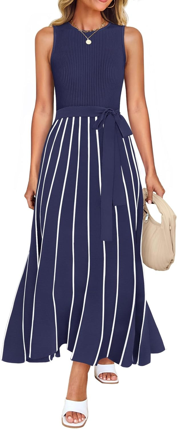 ZESICA Women's Summer Sleeveless Midi Dress 2025 Crewneck Ribbed Knit Tie Waist Casual A Line Swing Dresses