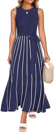 ZESICA Women's Summer Sleeveless Midi Dress 2025 Crewneck Ribbed Knit Tie Waist Casual A Line Swing Dresses