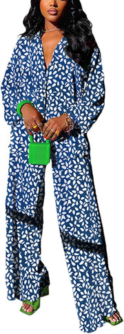 kaimimei Casual 2 Piece Outfit for Women - Linen Long Sleeve Button Down Shirt + Flare Pleated Wide Leg Pants Sets Streetwear
