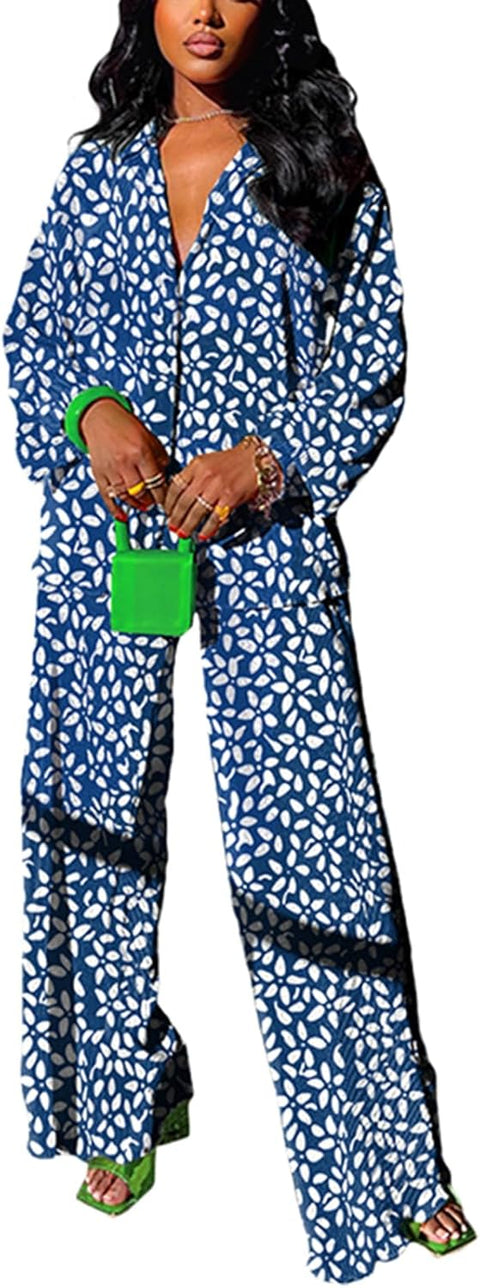 kaimimei Casual 2 Piece Outfit for Women - Linen Long Sleeve Button Down Shirt + Flare Pleated Wide Leg Pants Sets Streetwear