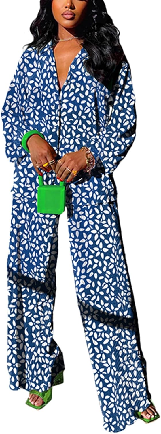 kaimimei Casual 2 Piece Outfit for Women - Linen Long Sleeve Button Down Shirt + Flare Pleated Wide Leg Pants Sets Streetwear