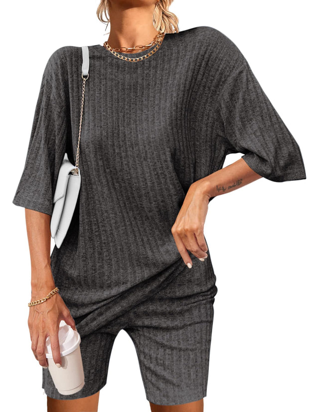 Ekouaer Pajamas 2 Piece Lounge Sets Ribbed Knit Matching Outfits T-shirt Biker Shorts Sleepwear Loungewear Sweatsuits