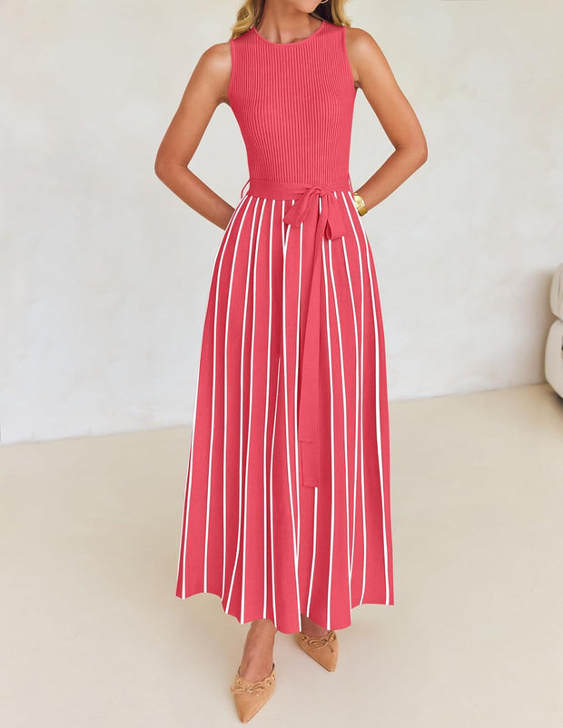 ZESICA Women's Summer Sleeveless Midi Dress 2025 Crewneck Ribbed Knit Tie Waist Casual A Line Swing Dresses