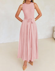 ZESICA Women's Summer Sleeveless Midi Dress 2025 Crewneck Ribbed Knit Tie Waist Casual A Line Swing Dresses