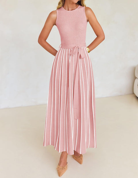 ZESICA Women's Summer Sleeveless Midi Dress 2025 Crewneck Ribbed Knit Tie Waist Casual A Line Swing Dresses