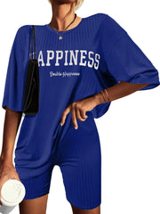 Ekouaer Pajamas 2 Piece Lounge Sets Ribbed Knit Matching Outfits T-shirt Biker Shorts Sleepwear Loungewear Sweatsuits