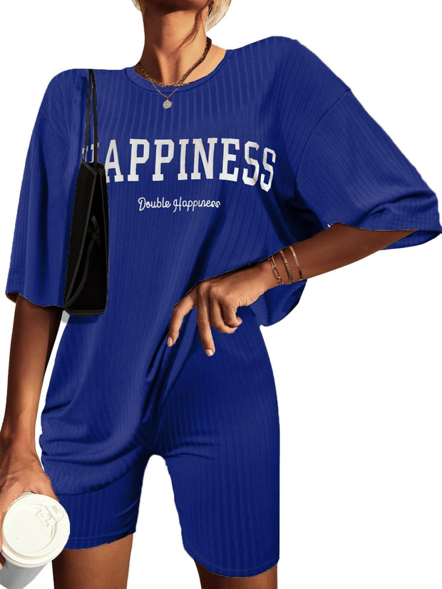 Ekouaer Pajamas 2 Piece Lounge Sets Ribbed Knit Matching Outfits T-shirt Biker Shorts Sleepwear Loungewear Sweatsuits