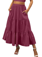 ANRABESS Women’s Summer Boho Flowy Swing Tiered A-Line Maxi Skirt 2025 Fashion Trendy Elastic Waist Pleated Long Beach Dress
