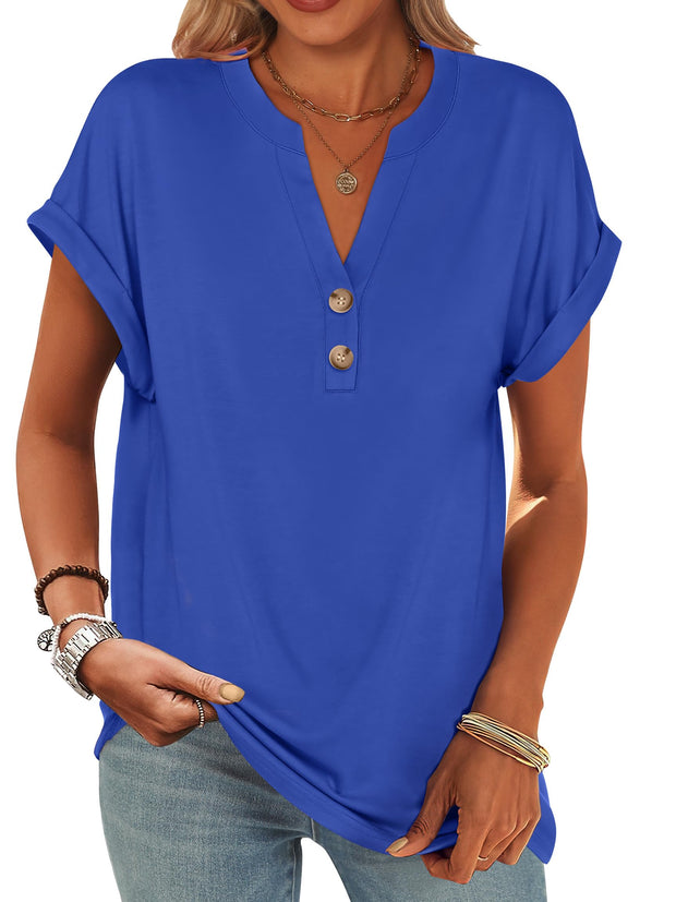 ANRABESS Womens Short Sleeve Henley Tops V Neck Dressy Casual Loose Fit Shirts Summer Flowy Blouses 2025 Trendy Clothes