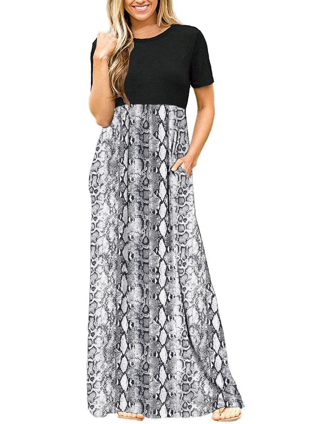 DEARCASE Maxi Dress for Women Black Medium Crewneck Short Sleeves Wedding Guest A-line Casual Party Vintage Spring Summer Beach Long Dresses with Pockets