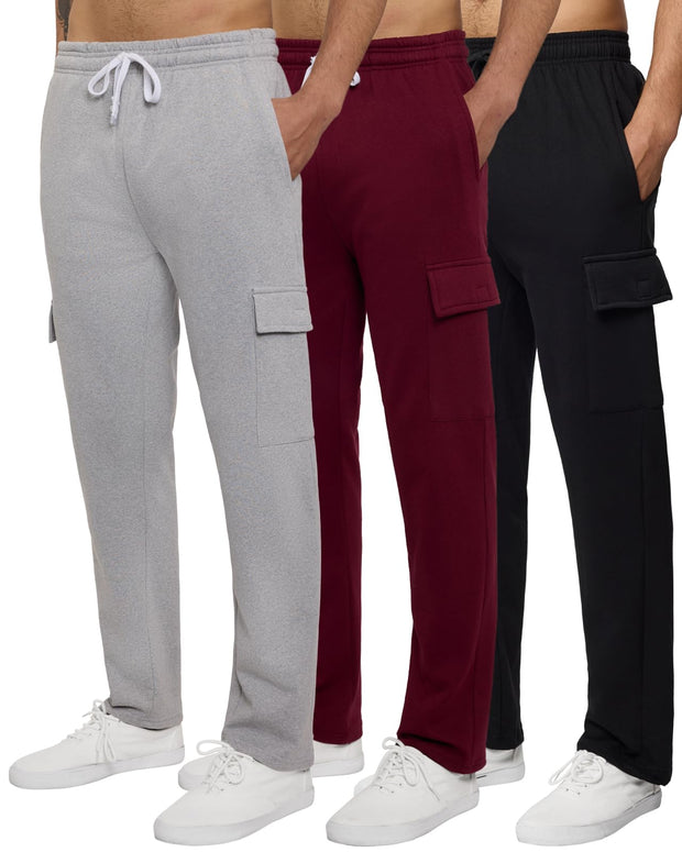 Real Essentials 3 Pack: Men's Tech Fleece Open Bottom Cargo Sweatpants with Pockets (Available in Big & Tall)
