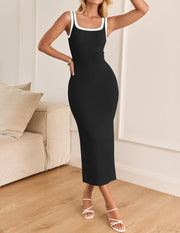 ZESICA Women's 2025 Summer Bodycon Midi Dress Casual Sleeveless Square Neck Side Slit Knit Vacation Long Dresses