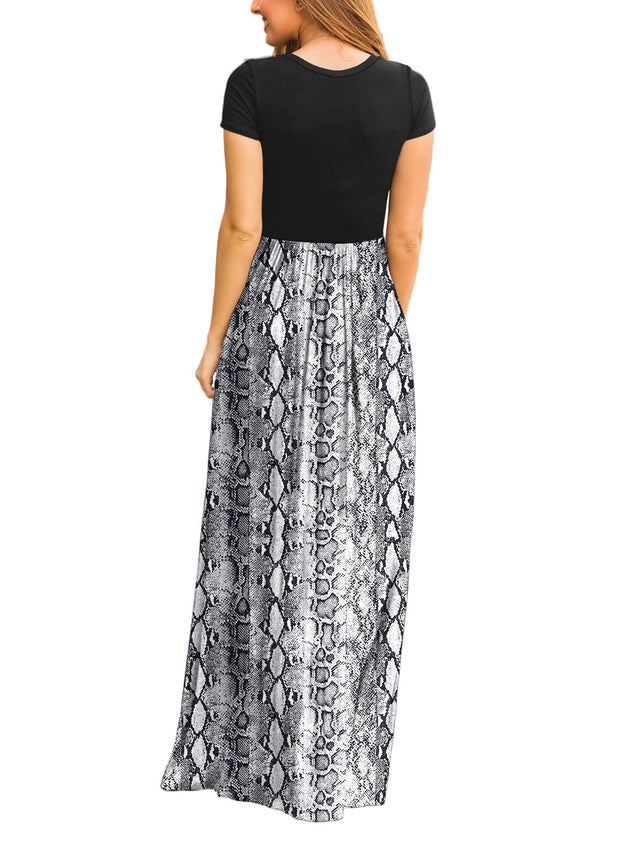 DEARCASE Maxi Dress for Women Black Medium Crewneck Short Sleeves Wedding Guest A-line Casual Party Vintage Spring Summer Beach Long Dresses with Pockets