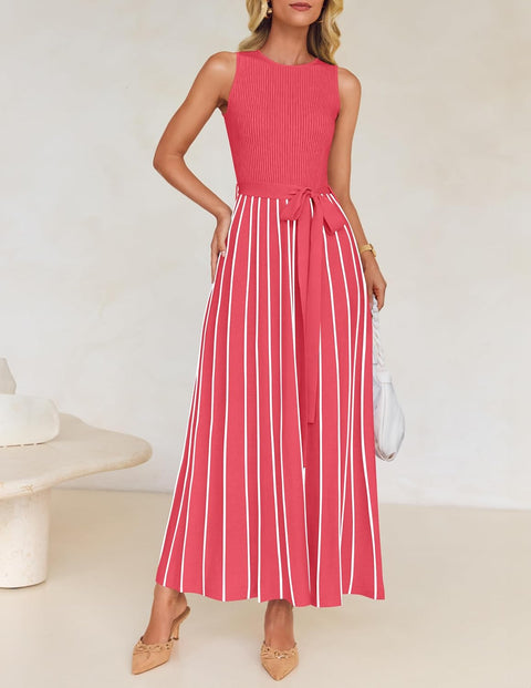 ZESICA Women's Summer Sleeveless Midi Dress 2025 Crewneck Ribbed Knit Tie Waist Casual A Line Swing Dresses