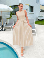 ZESICA Women's Summer Sleeveless Midi Dress 2025 Crewneck Ribbed Knit Tie Waist Casual A Line Swing Dresses