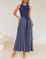 ZESICA Women's Summer Sleeveless Midi Dress 2025 Crewneck Ribbed Knit Tie Waist Casual A Line Swing Dresses