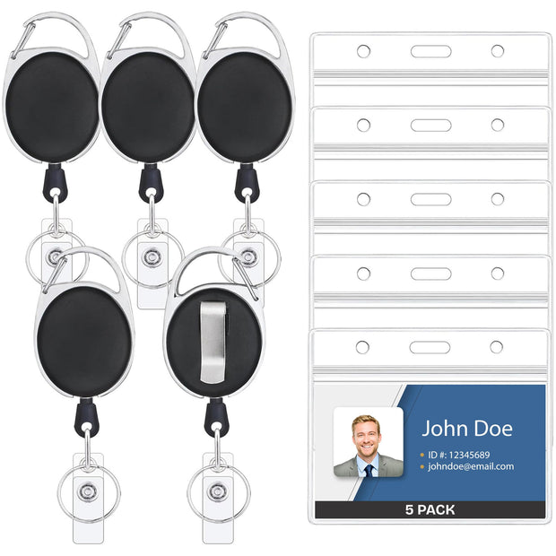 Will Well ID Badge Holders with Clip and Keyring - Horizontal Clear Plastic 2.52" x 3.58" Sleeves Fit Up to 3 Cards - Retractable 24" UHMWPE Fiber Pull Cords for Easy Access - 2-Pack, Black Reels