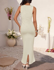 ZESICA Women's Summer Bodycon Midi Dress Sleeveless Square Neck Slim Fit Back Slit Long Cocktail Party Dresses
