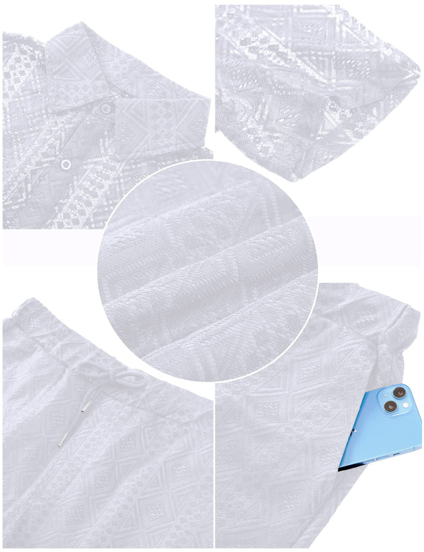 LecGee Men Summer Casual Short Sets Lace Short Sleeve Button Down Shirt Elastic Waist Shorts 2 Piece Outfits Tracksuit