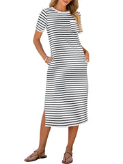 ANRABESS Womens Summer Casual Midi Dress Short Sleeve Crewneck T Shirt Long Dresses Split Stripe Beach Vacation Travel Outfit Small